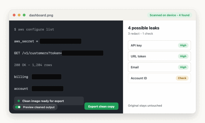 Animated Redaktr workflow showing local screenshot detection, review, and clean export